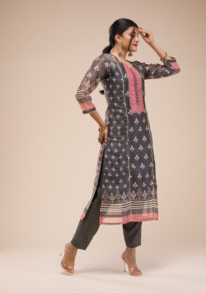 Black Threadwork Chanderi Readymade Salwar Suit