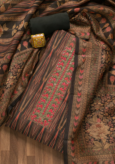 Black Threadwork Chanderi Unstitched Salwar Suit-Koskii