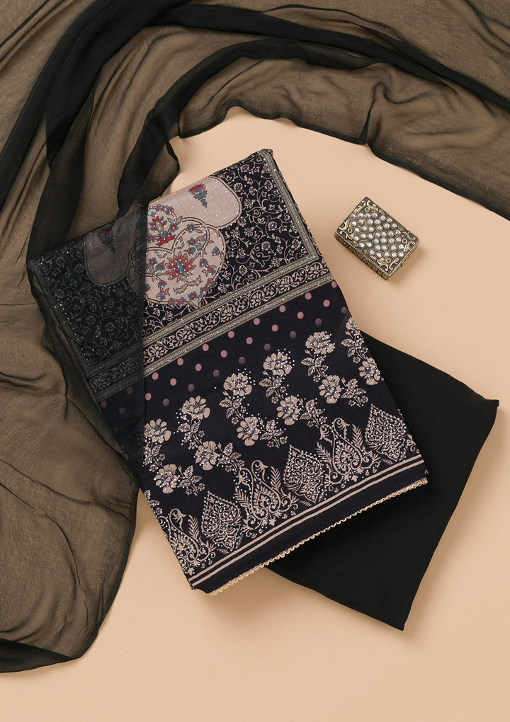 Black Threadwork Cotton Blend Unstitched Salwar Suit