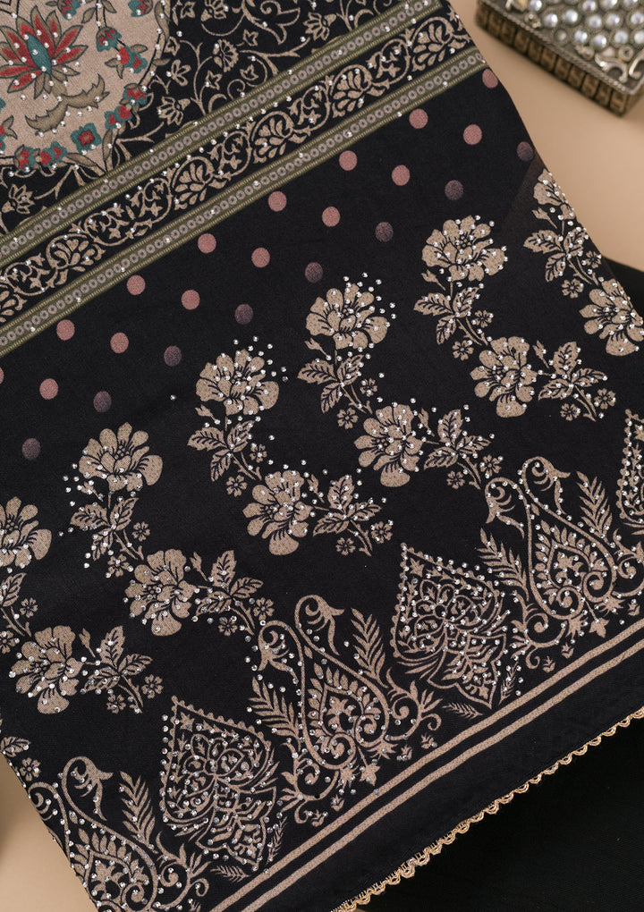 Black Threadwork Cotton Blend Unstitched Salwar Suit