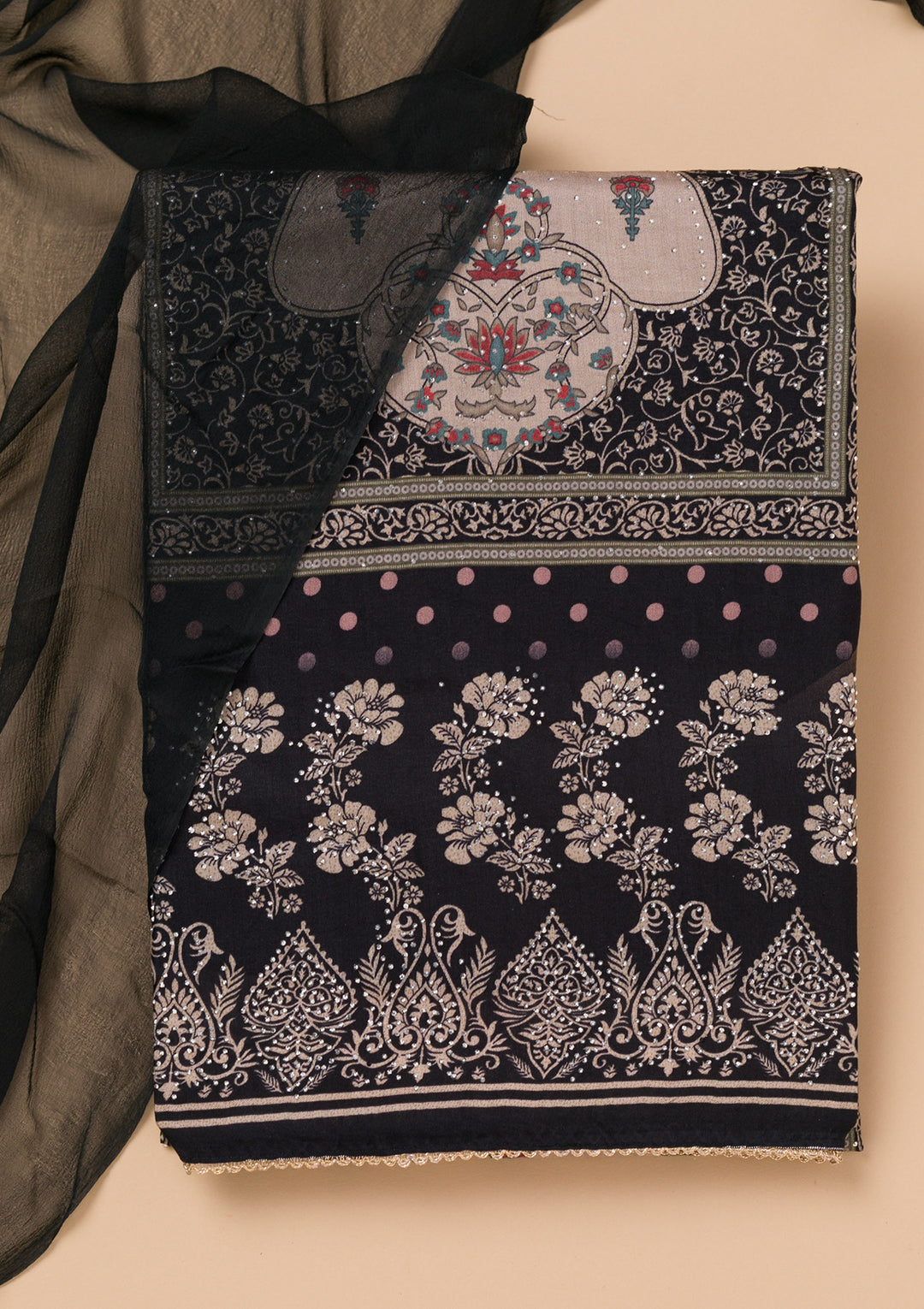 Black Threadwork Cotton Blend Unstitched Salwar Suit