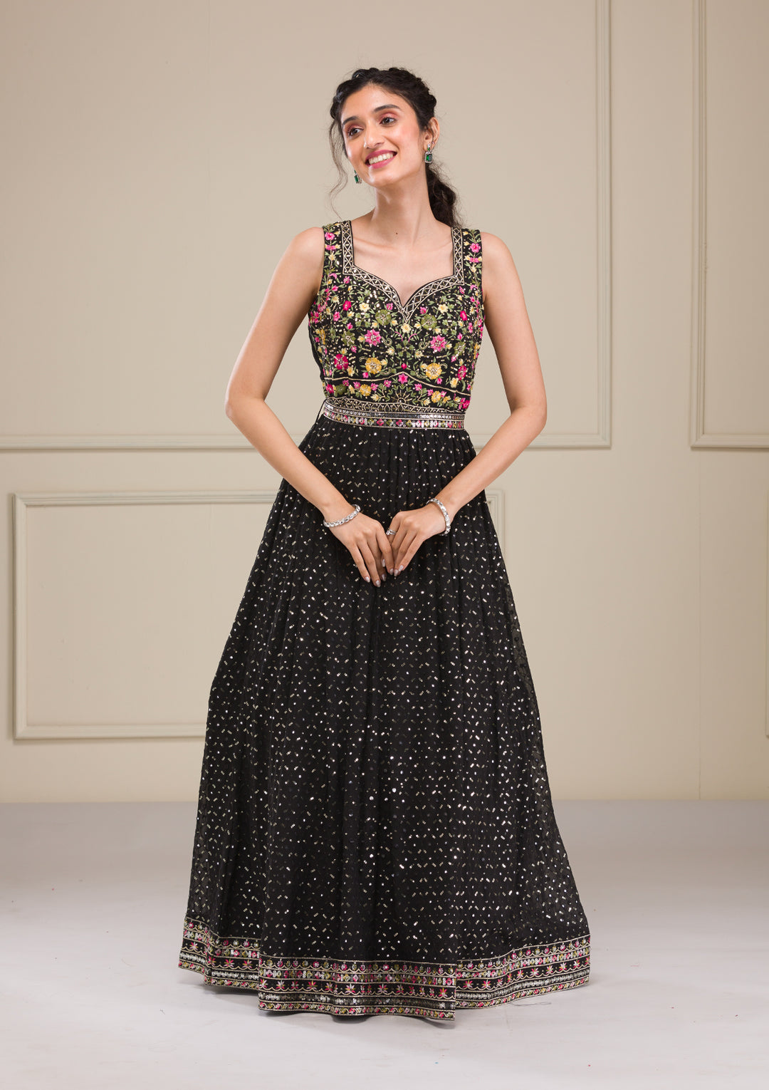 Black Threadwork Georgette Gown