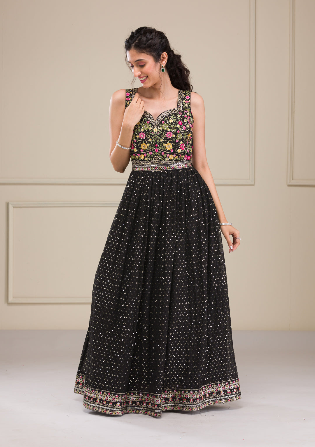 Black Threadwork Georgette Gown