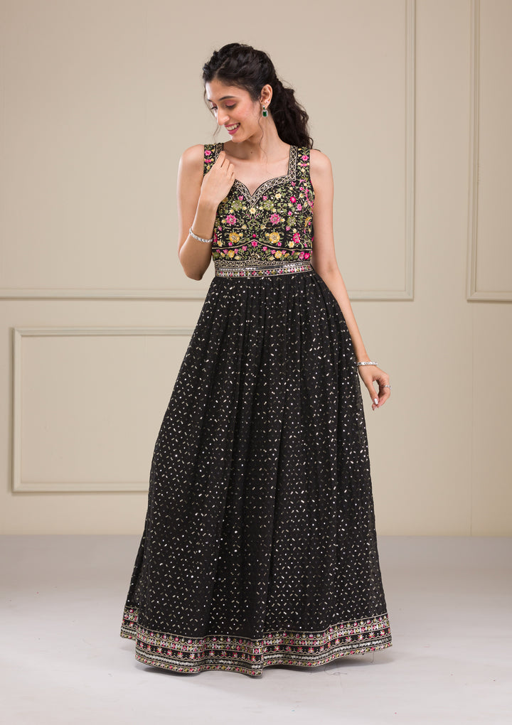 Black Threadwork Georgette Gown