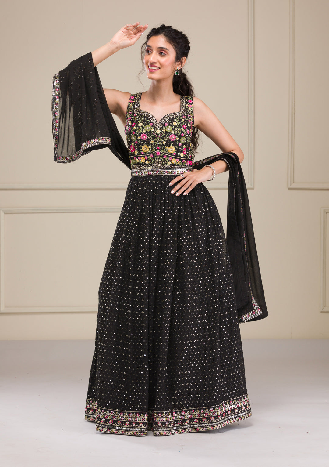 Black Threadwork Georgette Gown