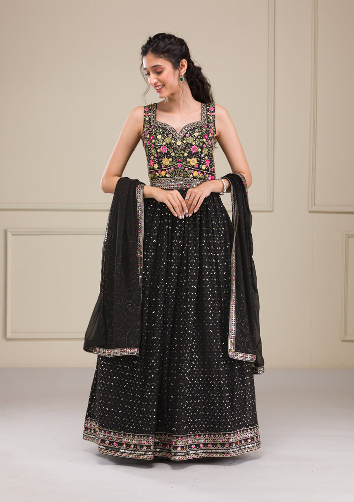 Black Threadwork Georgette Gown