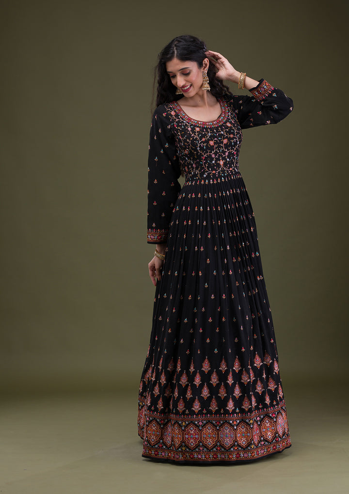 Black Threadwork Georgette Readymade Anarkali Suit
