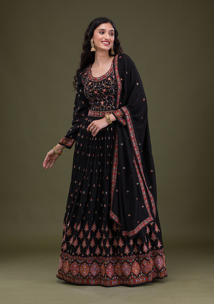 Black Threadwork Georgette Readymade Anarkali Suit