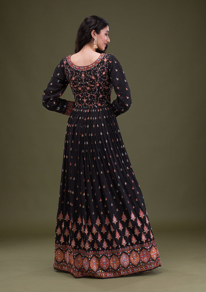 Black Threadwork Georgette Readymade Anarkali Suit