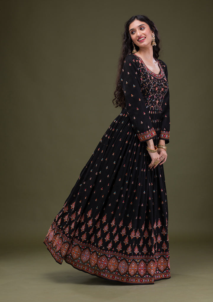 Black Threadwork Georgette Readymade Anarkali Suit