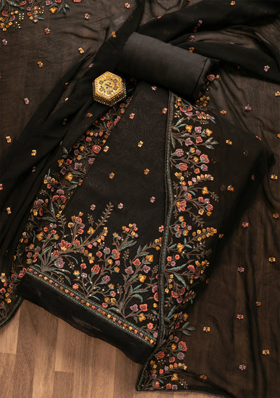 Black Threadwork Georgette Unstitched Salwar Suit-Koskii