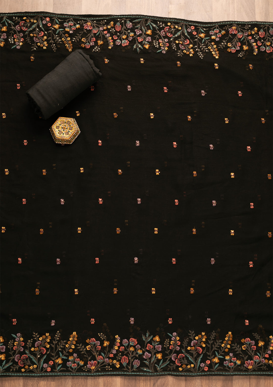 Black Threadwork Georgette Unstitched Salwar Suit