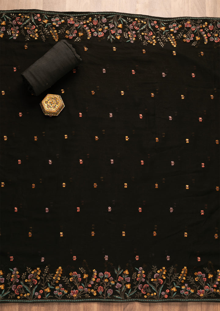 Black Threadwork Georgette Unstitched Salwar Suit