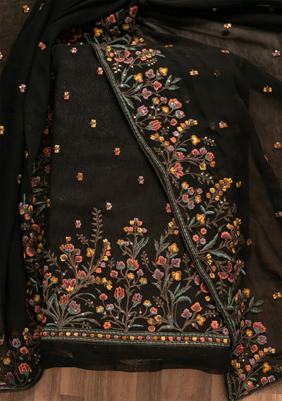 Black Threadwork Georgette Unstitched Salwar Suit