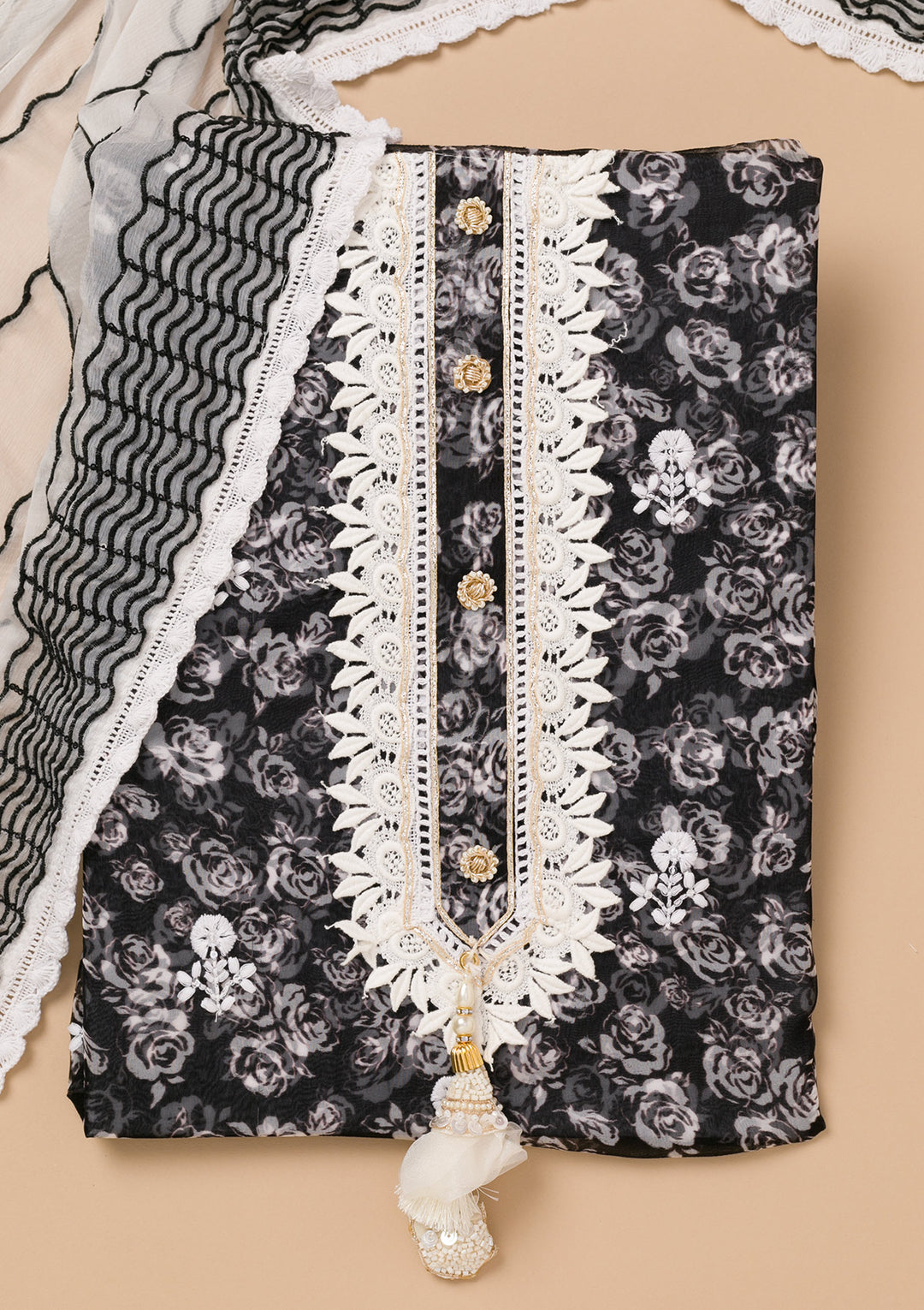Black Threadwork Georgette Unstitched Salwar Suit