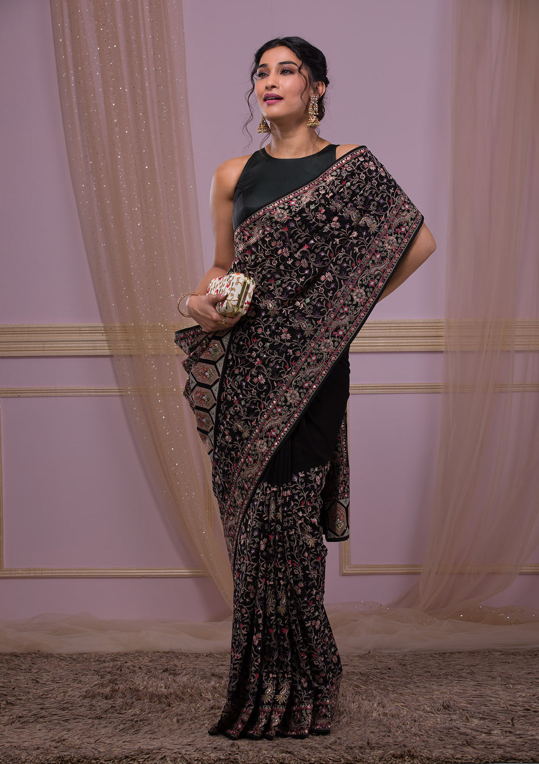 Black Threadwork Georgette Saree-Koskii