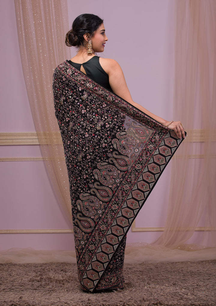 Black Threadwork Georgette Saree