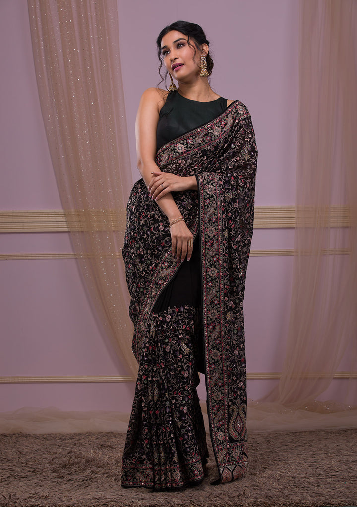 Black Threadwork Georgette Saree