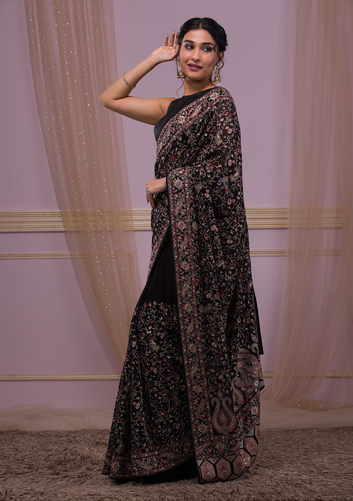 Black Threadwork Georgette Saree