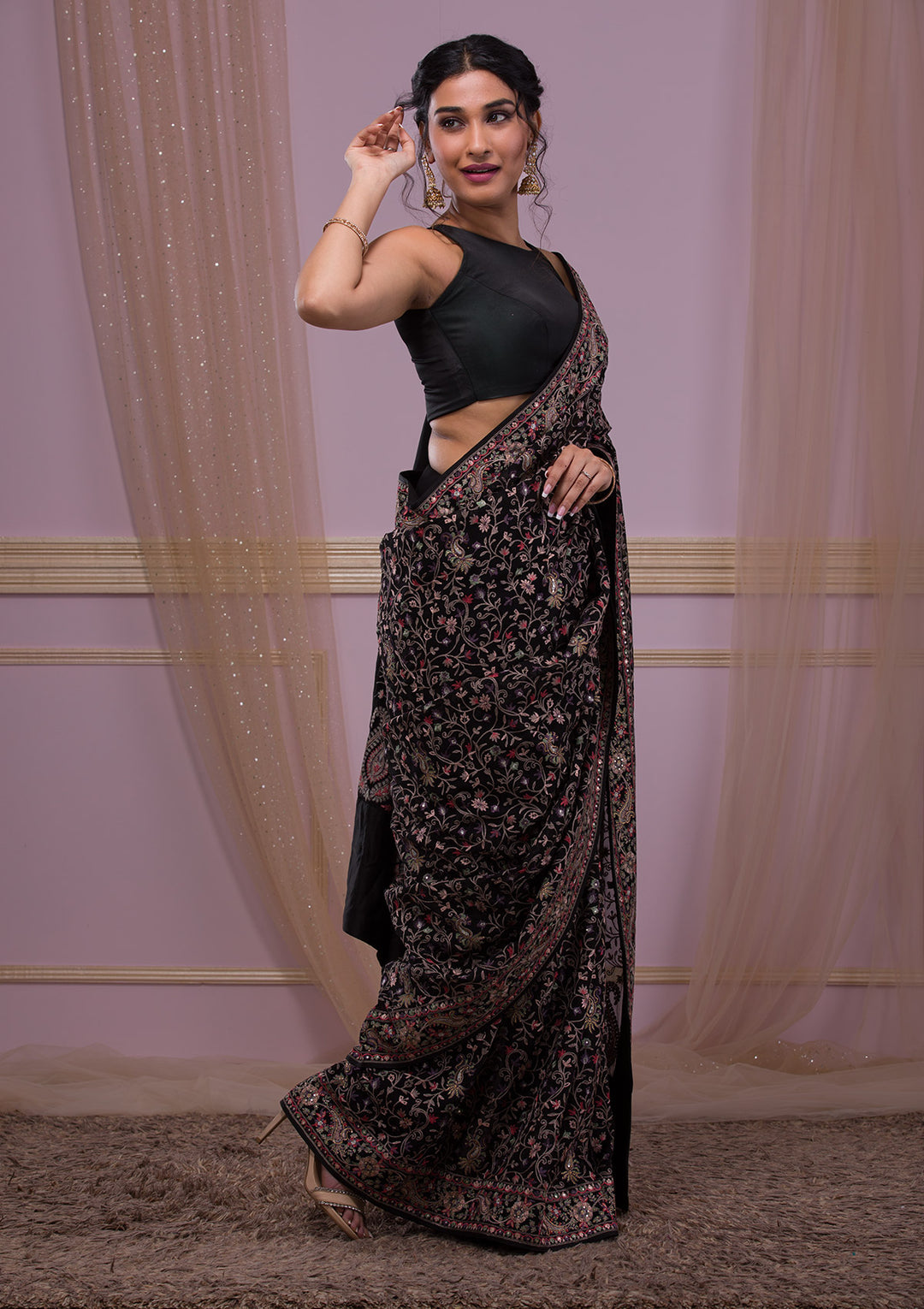 Black Threadwork Georgette Saree
