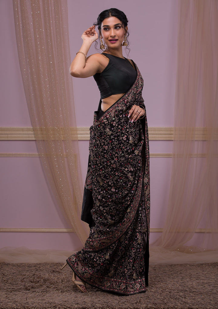 Black Threadwork Georgette Saree