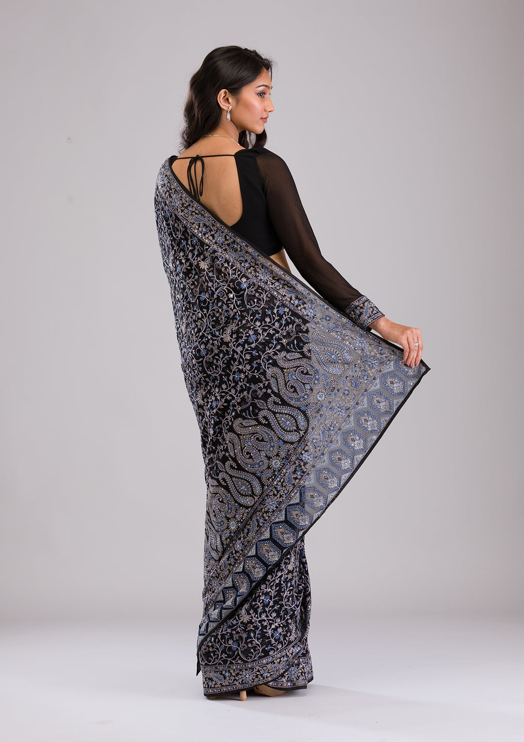 Black Threadwork Georgette Saree
