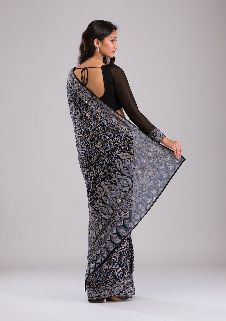 Black Threadwork Georgette Saree
