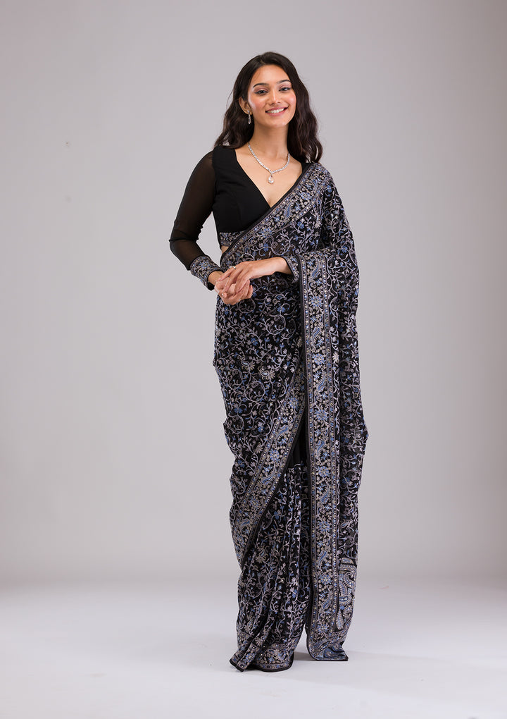 Black Threadwork Georgette Saree