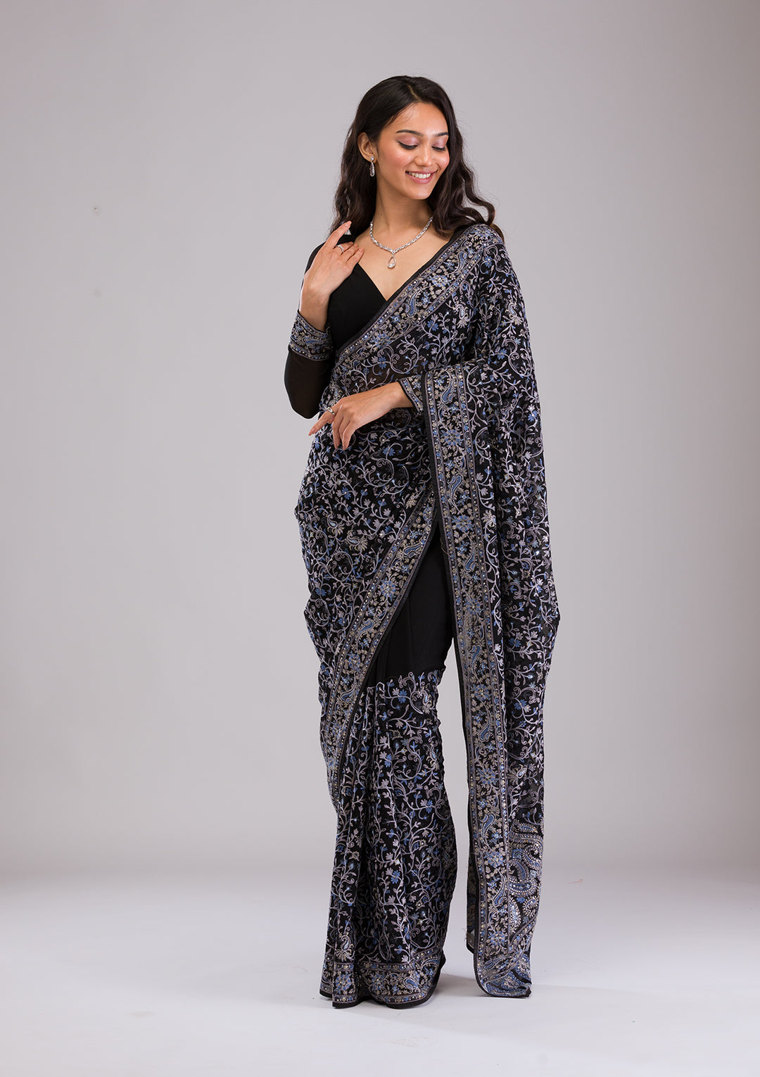 Black Threadwork Georgette Saree