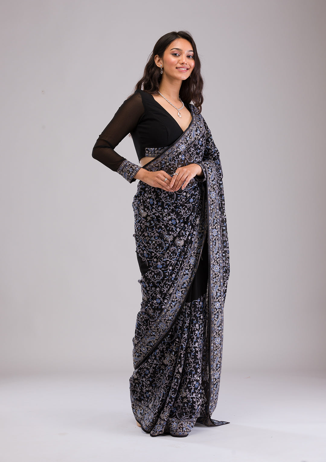 Black Threadwork Georgette Saree