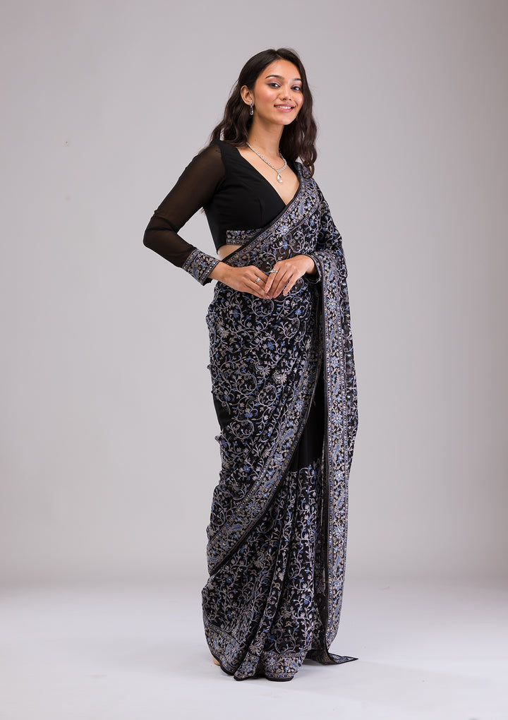 Black Threadwork Georgette Saree
