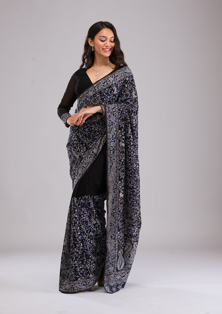 Black Threadwork Georgette Saree