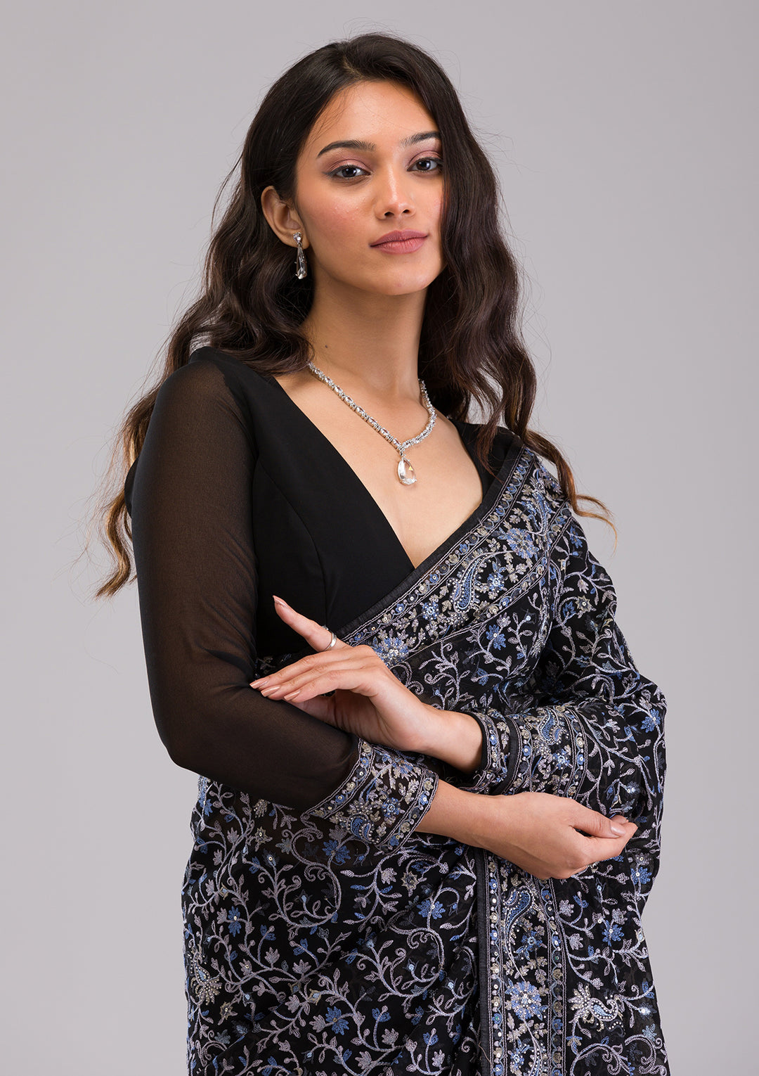 Black Threadwork Georgette Saree