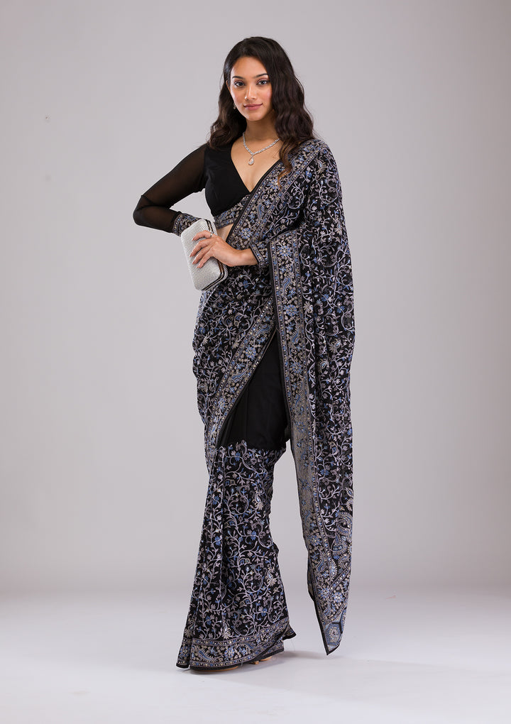 Black Threadwork Georgette Saree