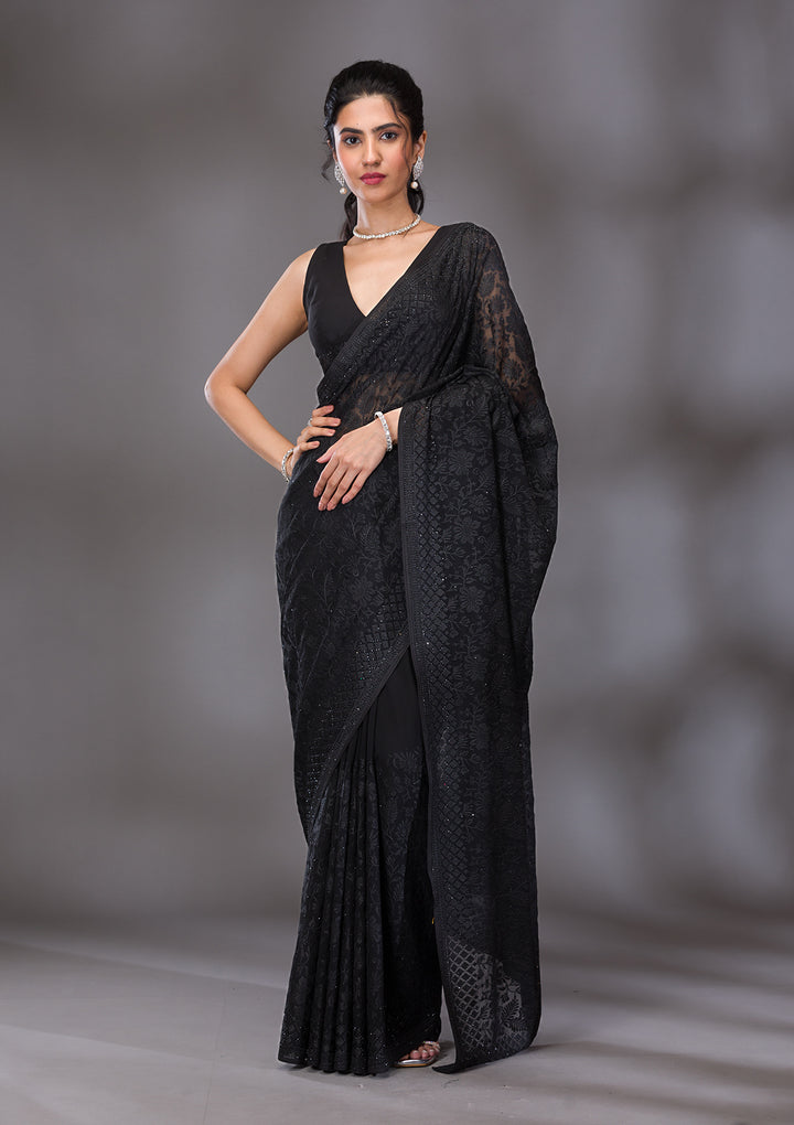 Black Threadwork Georgette Saree