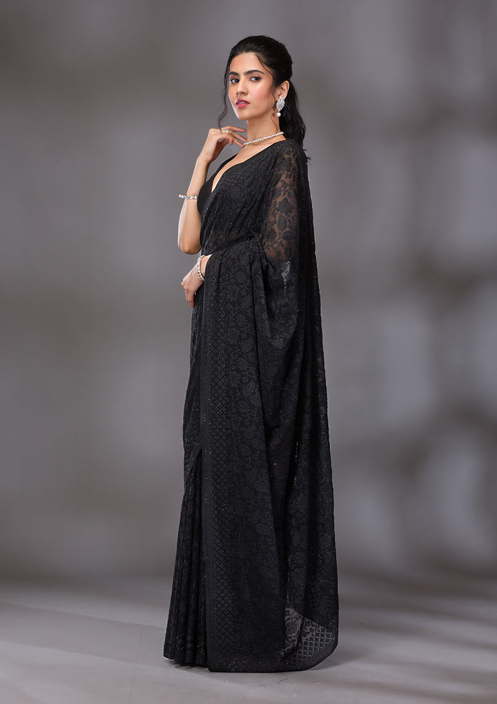 Black Threadwork Georgette Saree