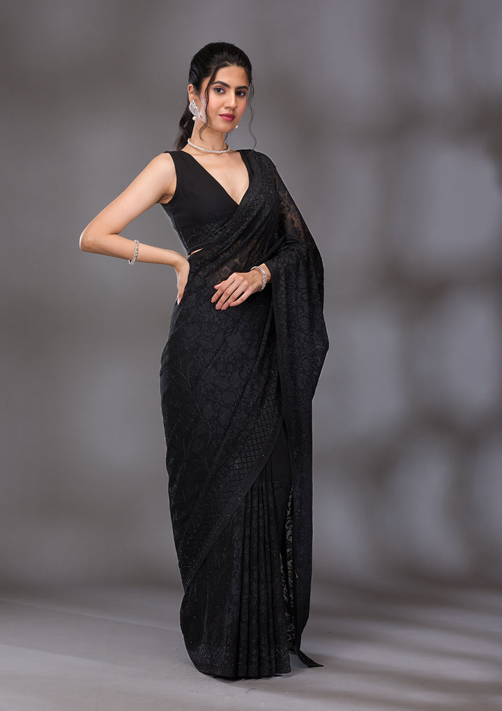 Black Threadwork Georgette Saree