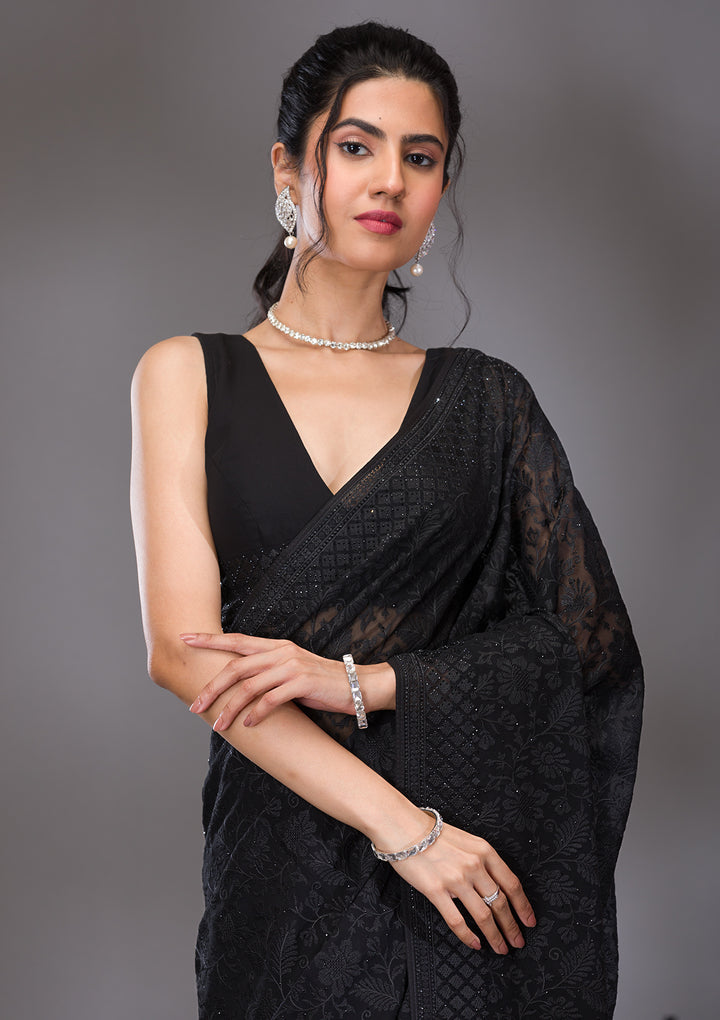 Black Threadwork Georgette Saree