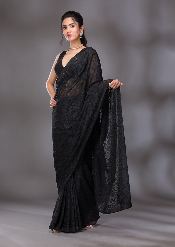 Black Threadwork Georgette Saree