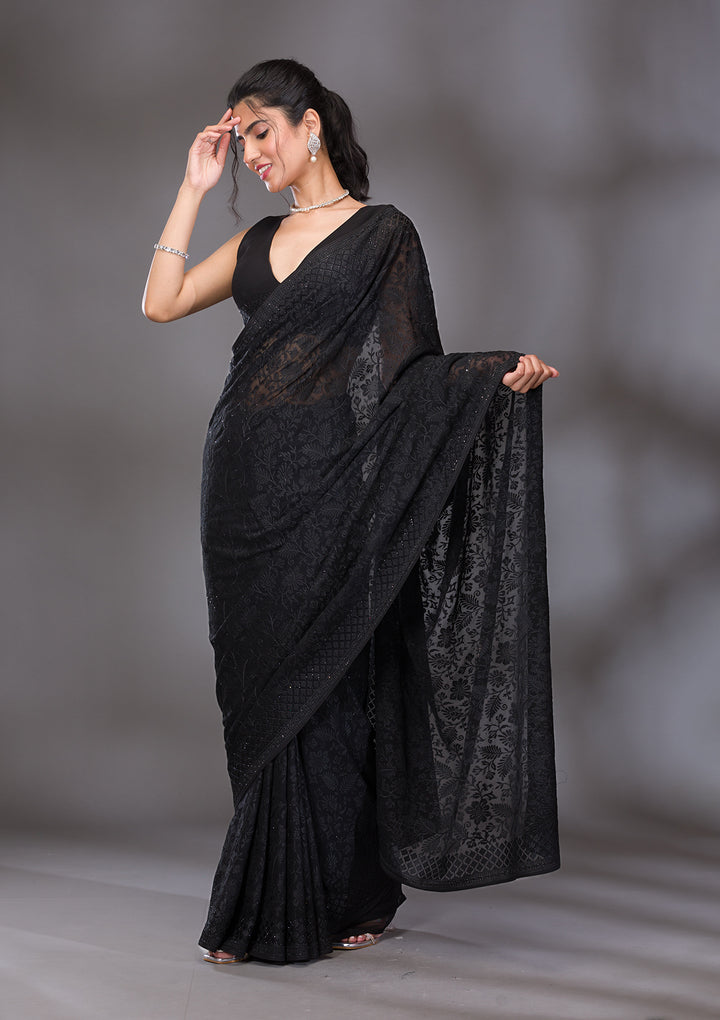 Black Threadwork Georgette Saree