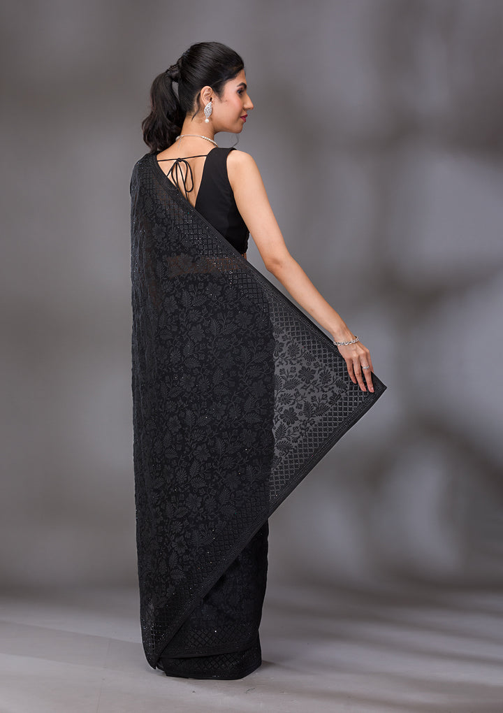 Black Threadwork Georgette Saree