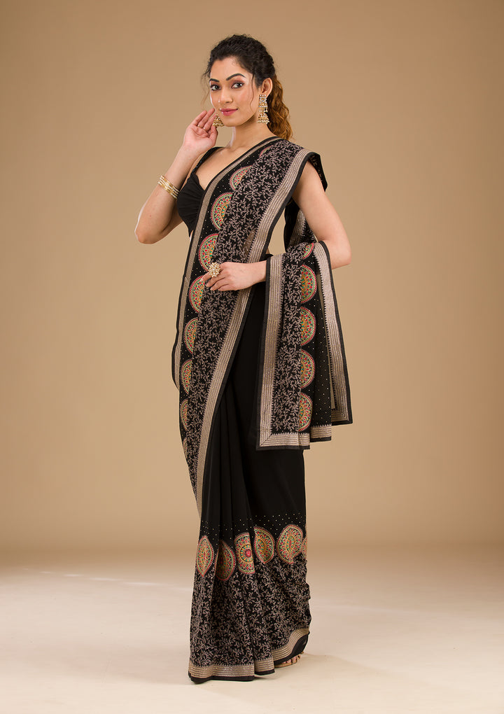 Black Threadwork Georgette Saree-Koskii
