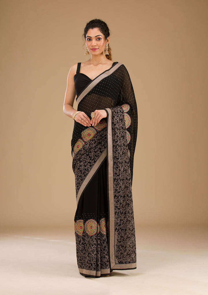 Black Threadwork Georgette Saree-Koskii