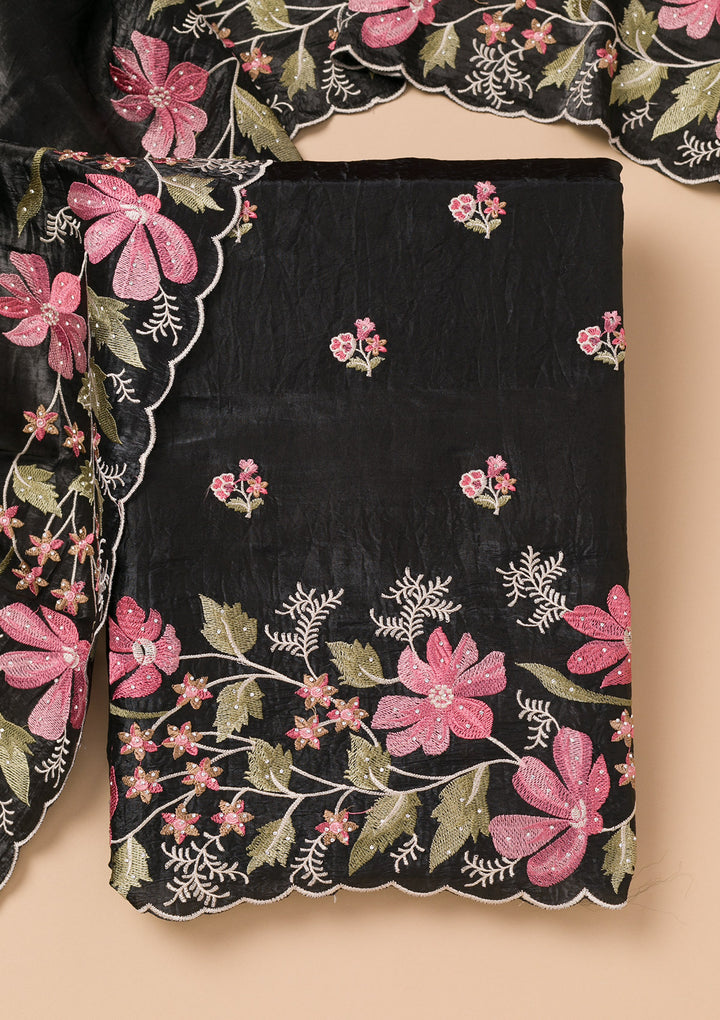 Black Threadwork Organza Unstitched Salwar Suit