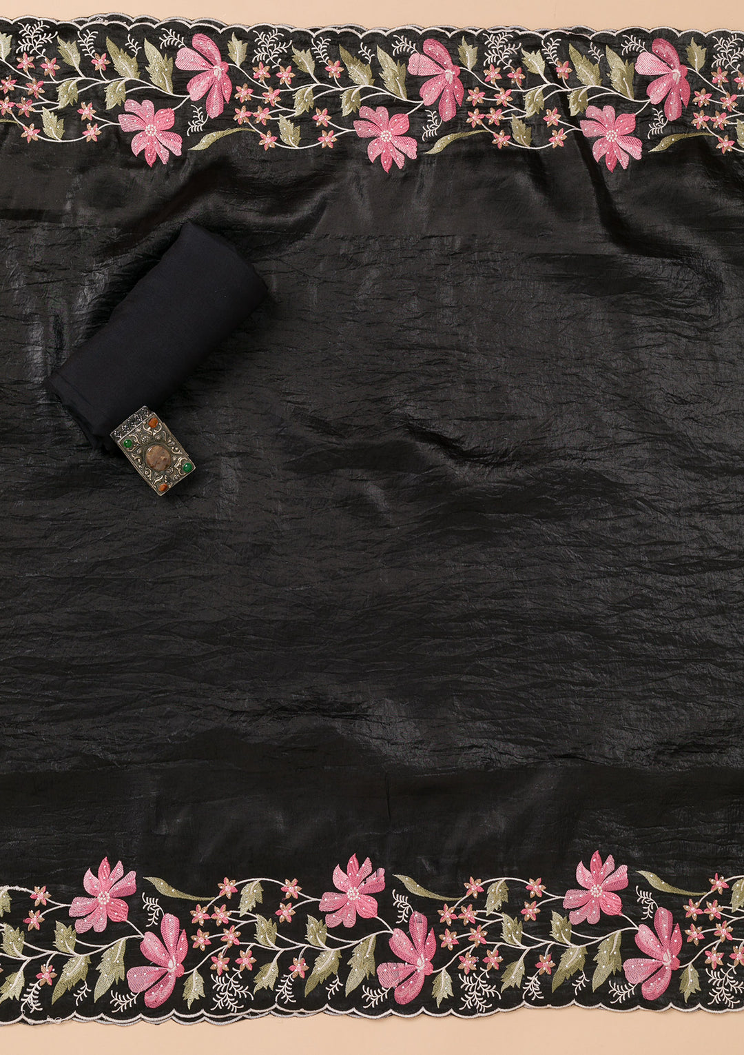 Black Threadwork Organza Unstitched Salwar Suit