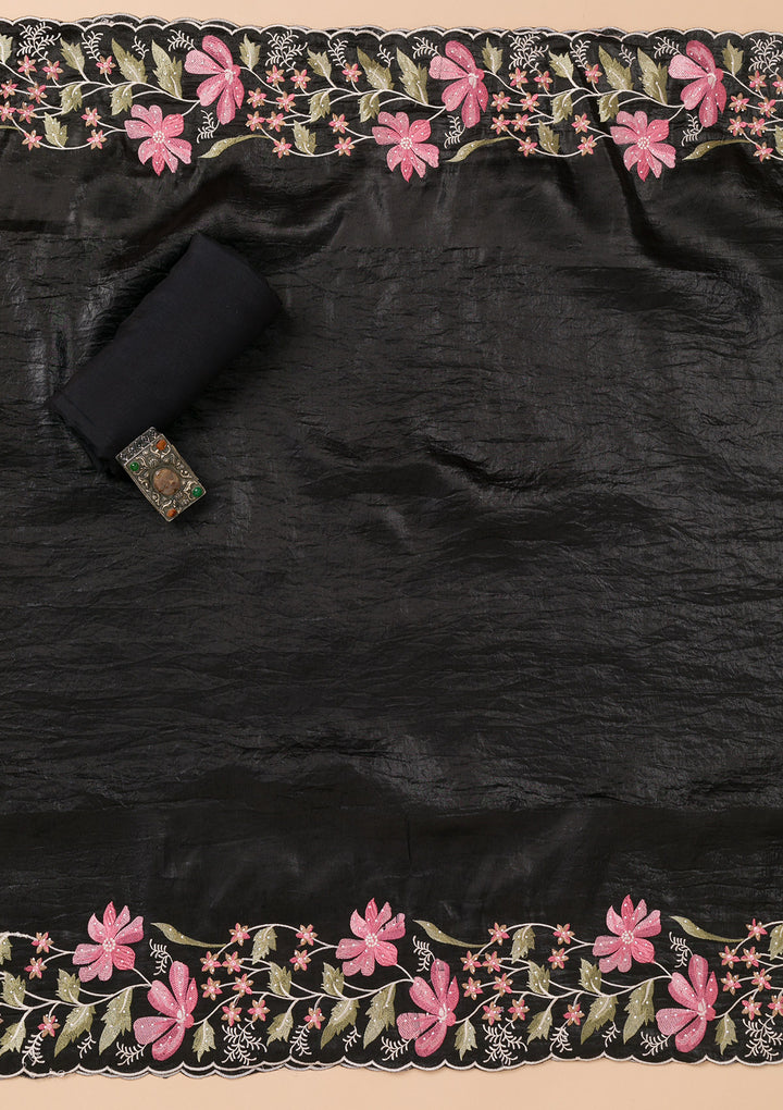 Black Threadwork Organza Unstitched Salwar Suit