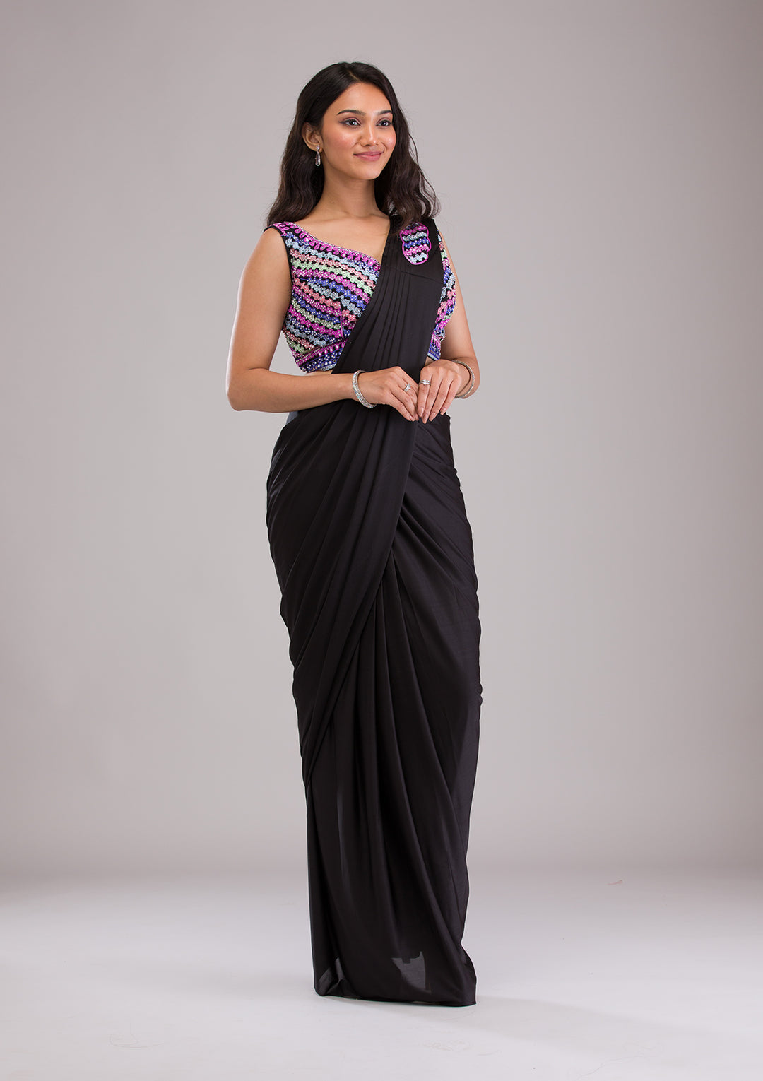 Black Threadwork Satin Readymade Saree