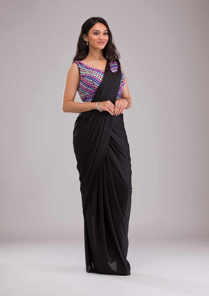 Black Threadwork Satin Readymade Saree