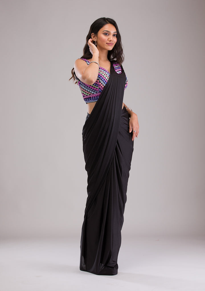 Black Threadwork Satin Readymade Saree