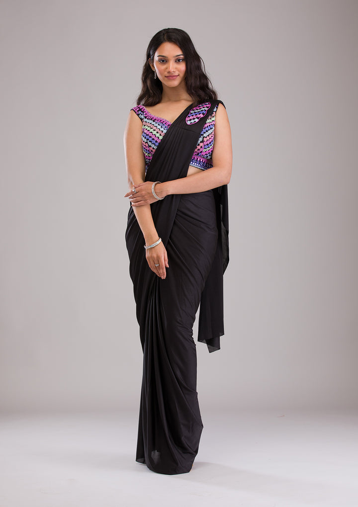 Black Threadwork Satin Readymade Saree